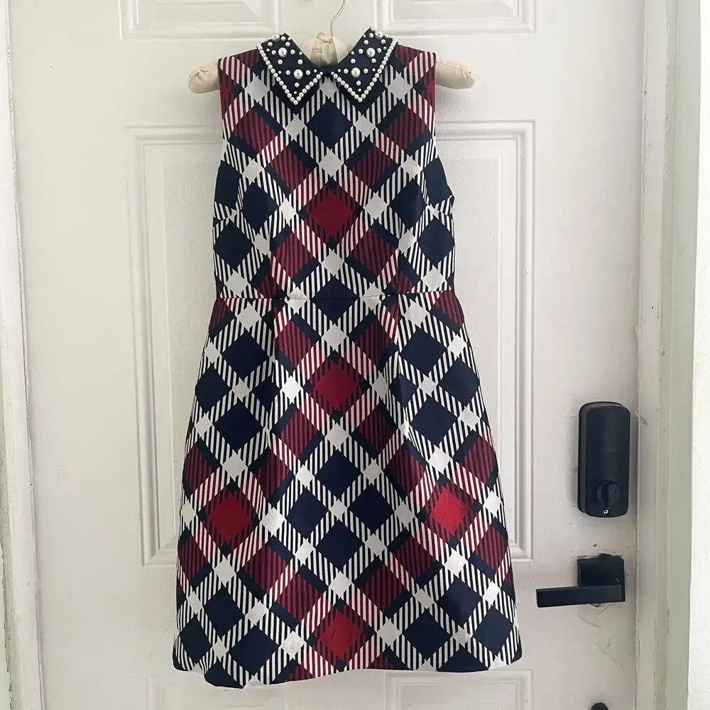 Kate Spade New York Jumbo Plaid Dress Pearl Collar NWT Size 2 Preppy Coquette